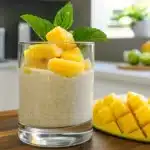 Mango blended overnight oats in a mason jar with tropical toppings