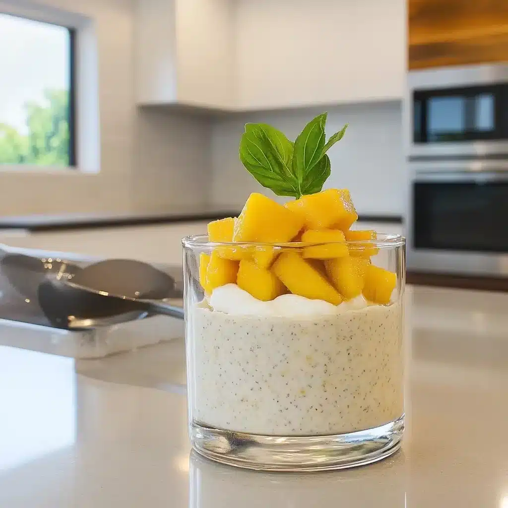 Spoonful of mango blended overnight oats with toppings