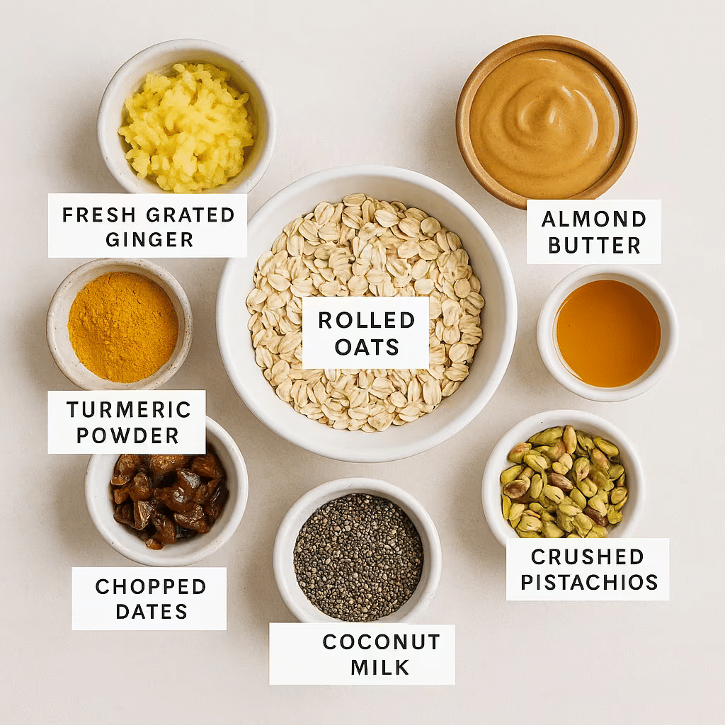 Ingredients for Ginger Turmeric Overnight Oats on a towel