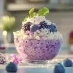 A jar of Blueberry Coconut Overnight Oats topped with fresh blueberries and shredded coconut.