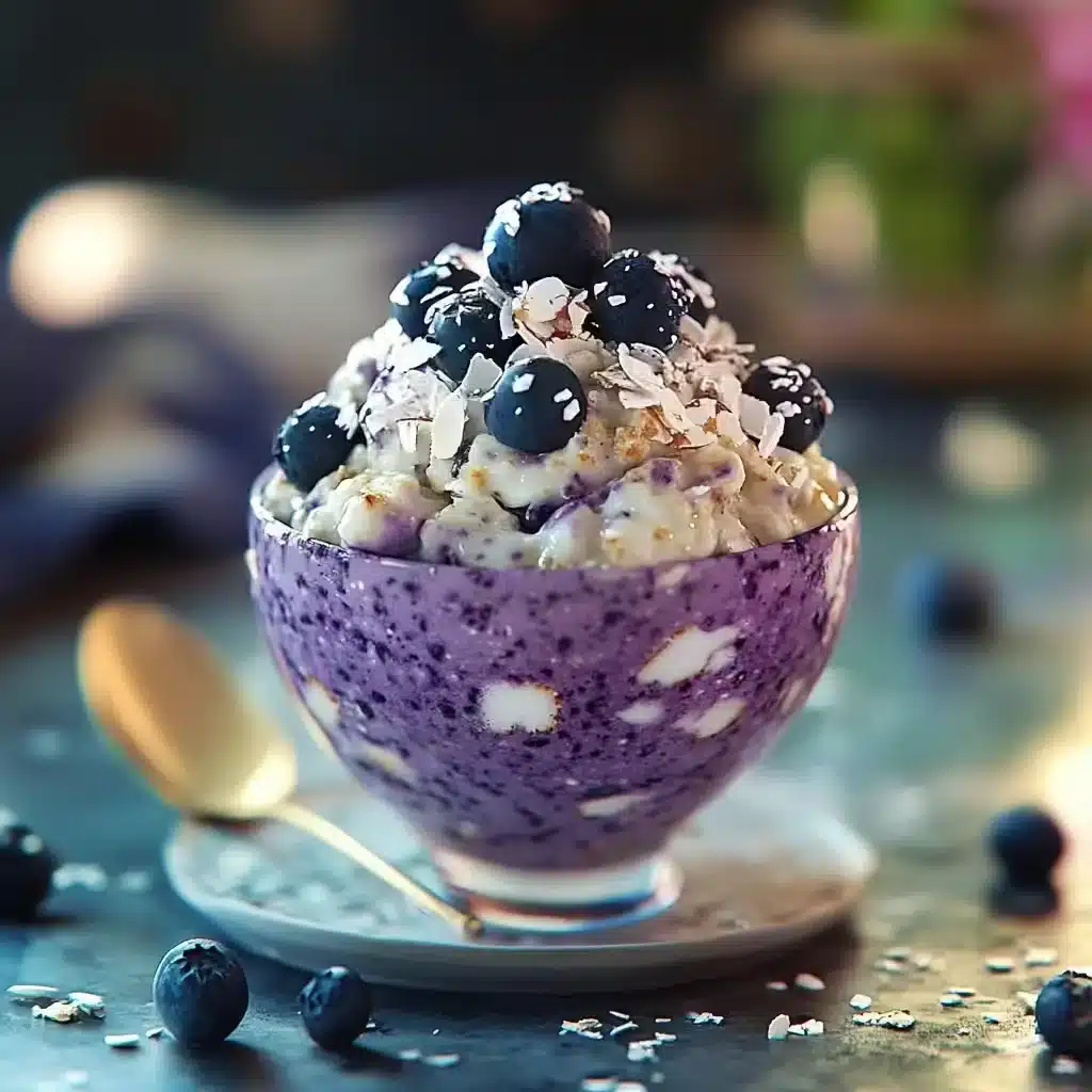 Blueberry-Coconut-Overnight-Oats served in a glass jar with layers of oats, blueberries, and shredded coconut.