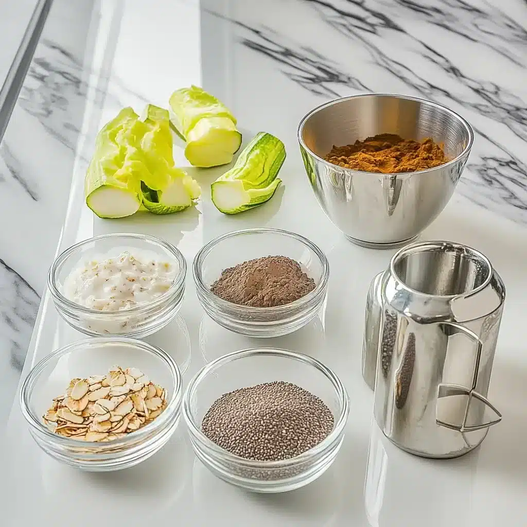 Ingredients for chocolate zucchini overnight oats including rolled oats, grated zucchini, cocoa powder, chia seeds, and plant-based milk.
