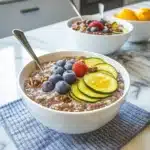 Jar of chocolate zucchini overnight oats with layers of oats, cocoa, and zucchini, topped with fresh fruit and seeds.