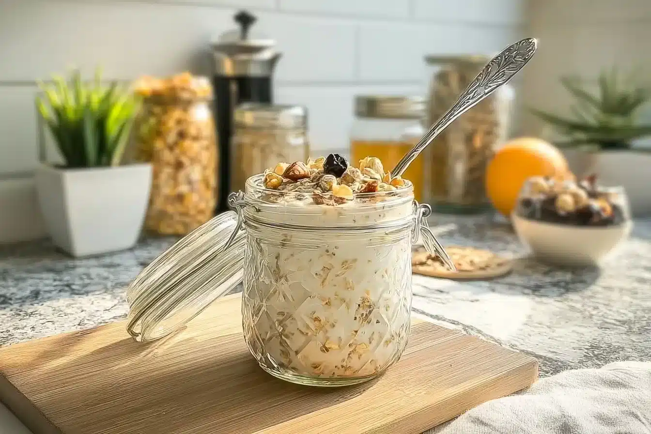 gut health overnight oats with probiotics in jar