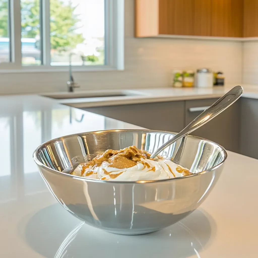 Mixing yogurt and peanut butter for overnight oats