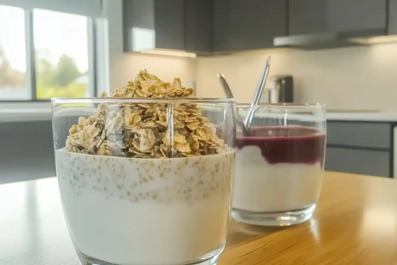 Keto cheesecake overnight oats in a jar with fresh toppings