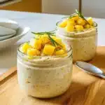 Glass jar filled with Mango & Tahini Overnight Oats, topped with diced mango and seeds, placed on a clean white background.