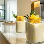 A serving of Mango & Tahini Overnight Oats topped with fresh mango chunks, hemp seeds, and a drizzle of tahini in a glass jar on a white surface