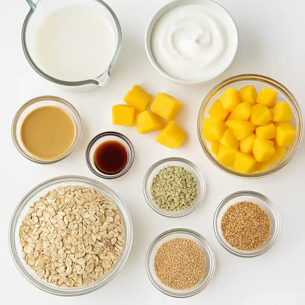 Ingredients for Mango & Tahini Overnight Oats including coconut milk, Greek yogurt, mango chunks, tahini, maple syrup, rolled oats, hemp seeds, and sesame seeds on a white background