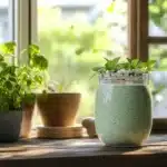 A jar of matcha coconut overnight oats topped with coconut flakes and fresh mint, sitting on a rustic wooden windowsill beside potted herbs, with soft natural light streaming through the window.