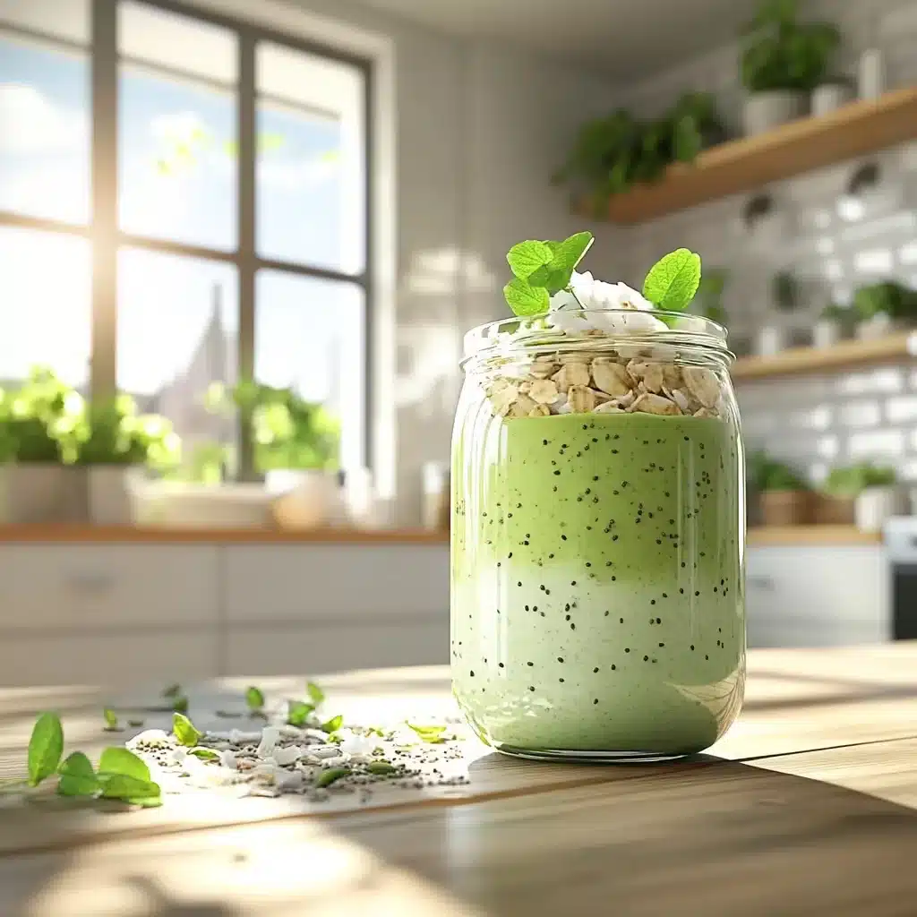 A jar of matcha coconut overnight oats topped with coconut flakes and mint, sitting on a wooden countertop in a bright, modern kitchen with natural light and potted herbs in the background.