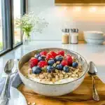 No-Oat Keto Overnight Oats served with berries and coconut flakes