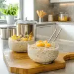 Served overnight oatmeal with kefir and toppings