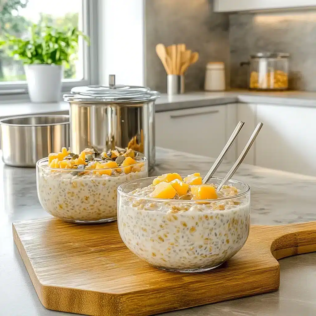 Served overnight oatmeal with kefir and toppings
