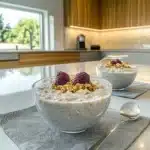 A beautifully styled photo of overnight oats featuring hormone-balancing ingredients like flaxseed and banana on a rustic counter