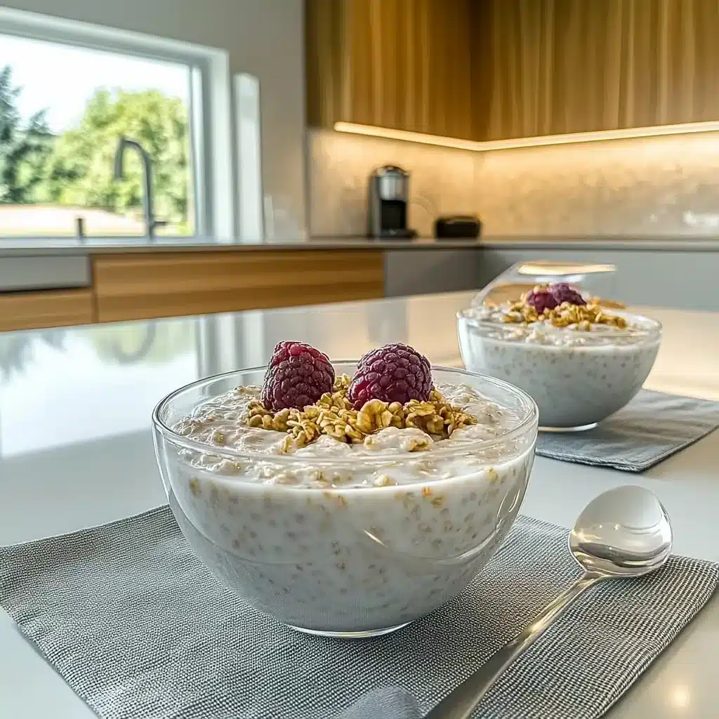 A beautifully styled photo of overnight oats featuring hormone-balancing ingredients like flaxseed and banana on a rustic counter