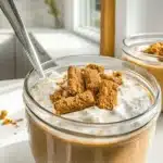 Overnight oats with Biscoff on rustic breakfast table