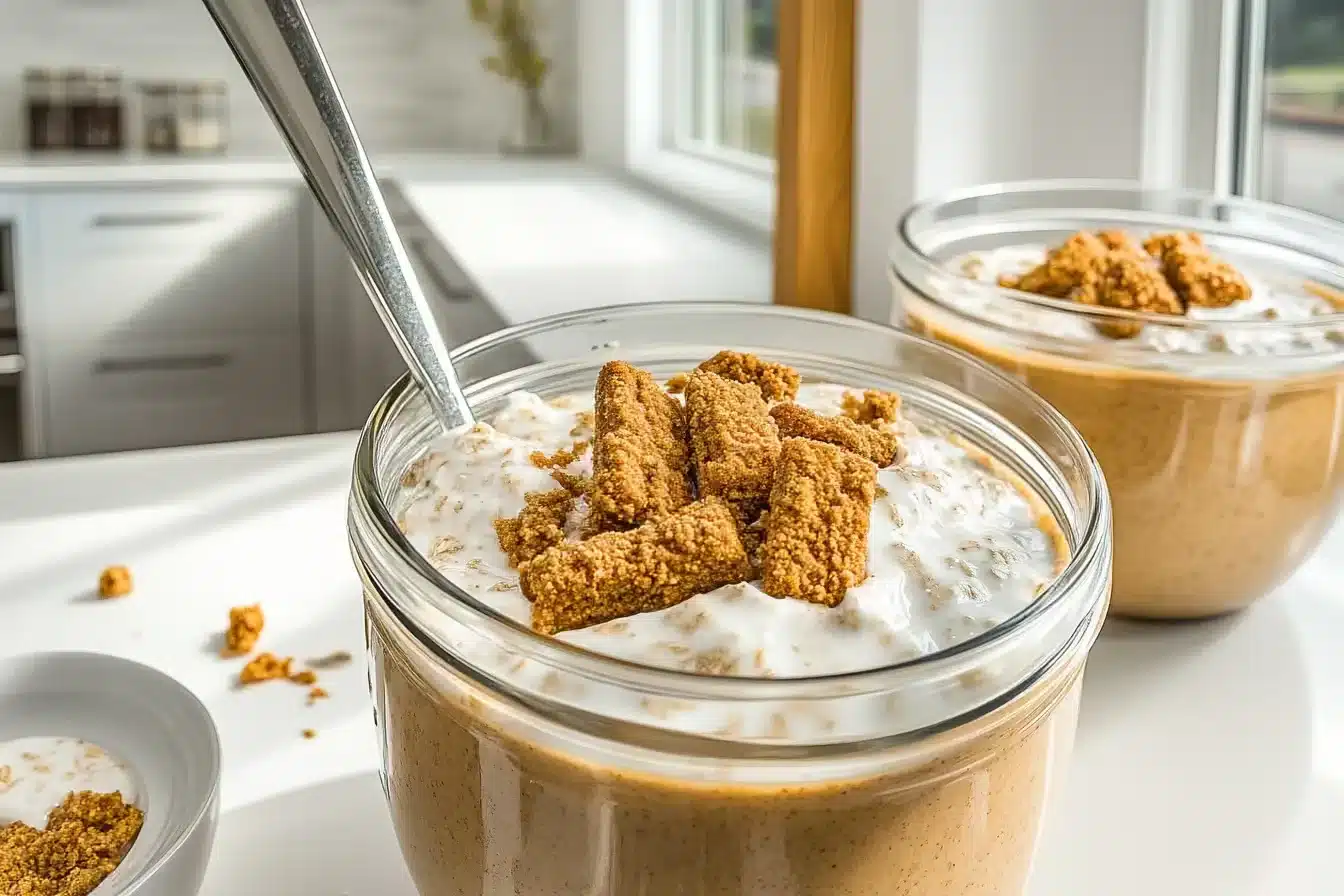 Overnight oats with Biscoff on rustic breakfast table