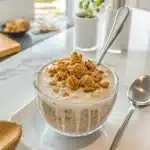 Served jar of overnight oats with Biscoff topping