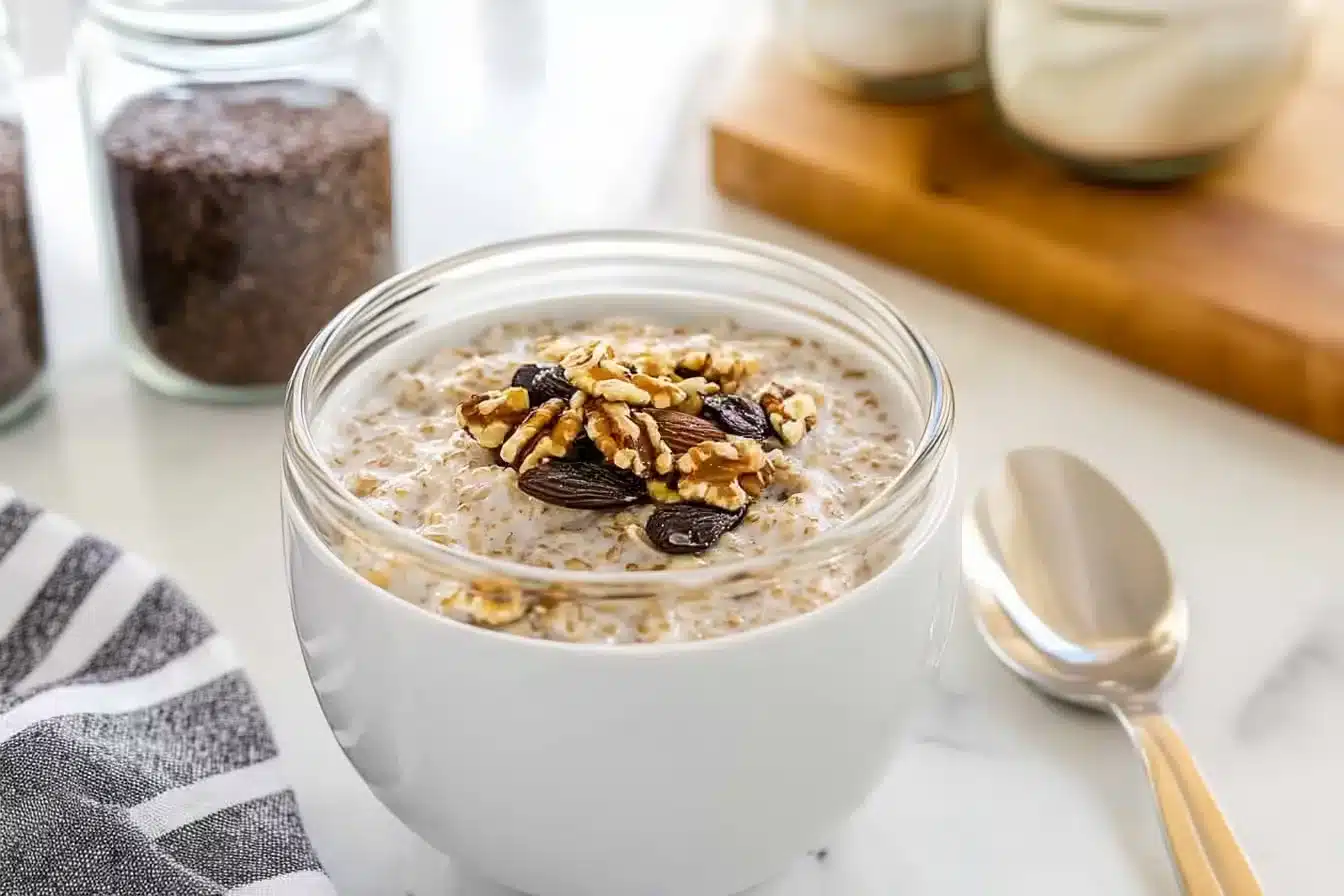 Overnight oats with flaxseed in rustic kitchen jar