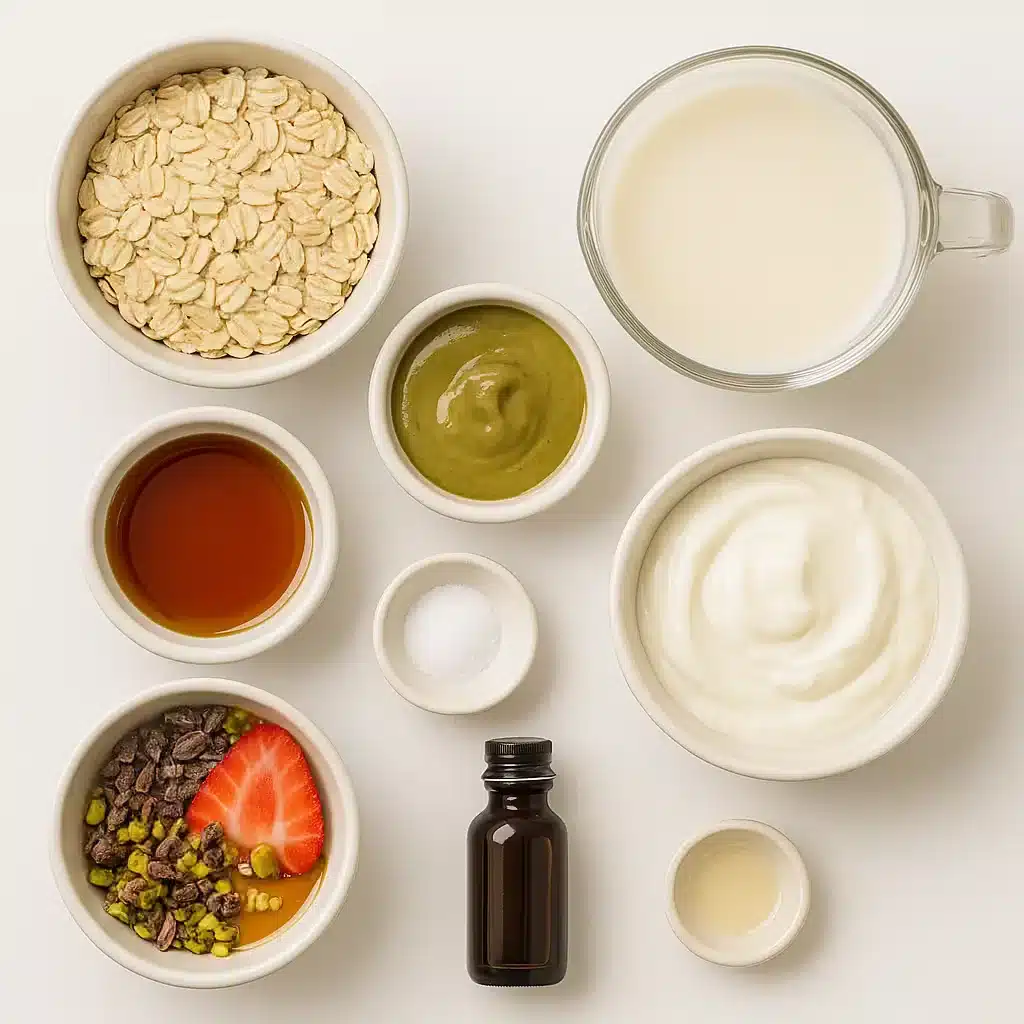 : Overhead view of ingredients for a healthy oatmeal recipe including rolled oats, oat milk, pistachio butter, maple syrup, yogurt, vanilla extract, salt, and vibrant toppings like cacao nibs, crushed pistachios, and sliced fruit on a white background.