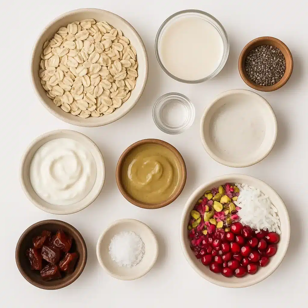 Ingredients for pistachio rosewater overnight oats laid out