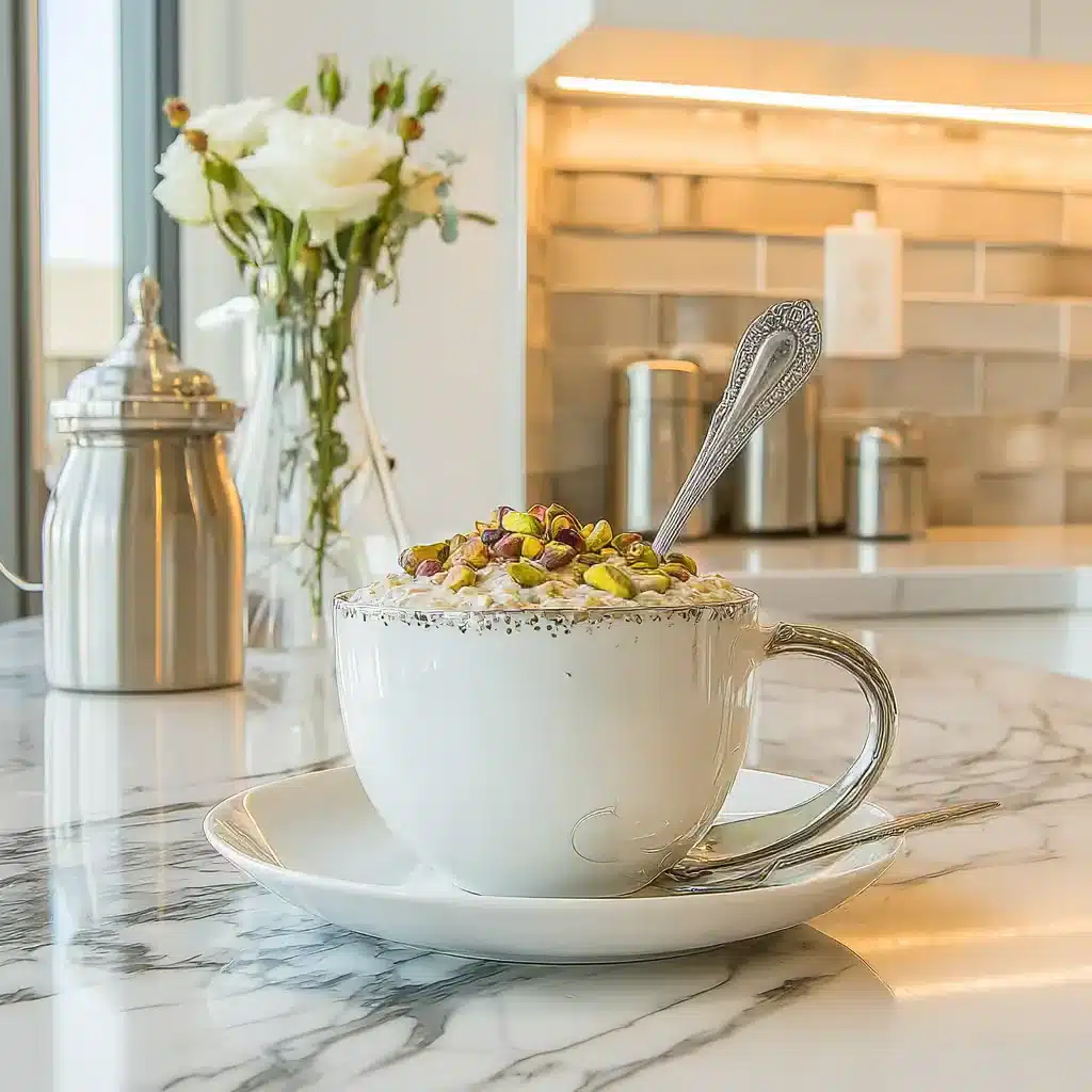 Served pistachio rosewater overnight oats with toppings