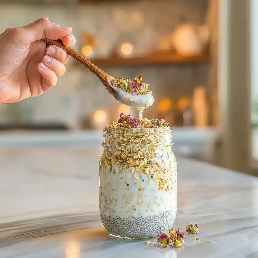 Stirring pistachio rosewater overnight oats in jar