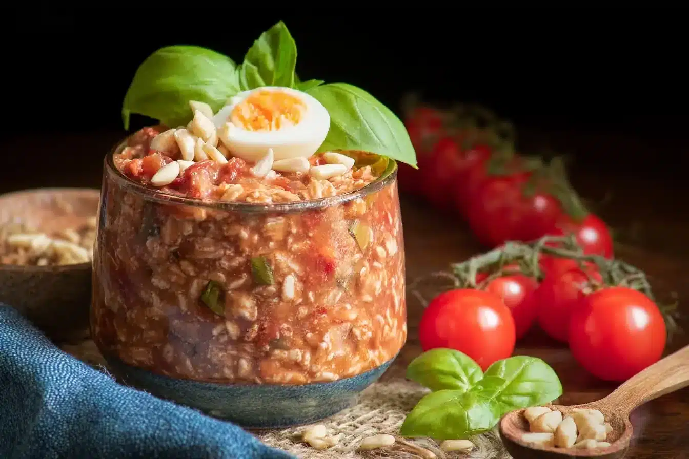 Jar of Tomato Basil Overnight Oats topped with fresh basil leaves
