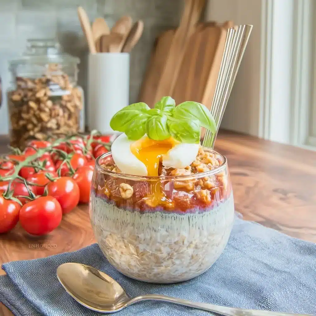 Tomato Basil Overnight Oats-serving Tomato Basil Overnight Oats in glass jar topped with basil