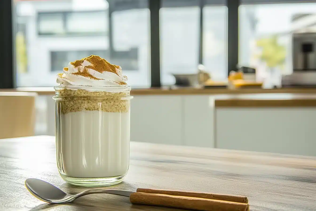 Biscoff oats in a jar with cinnamon and whipped cream