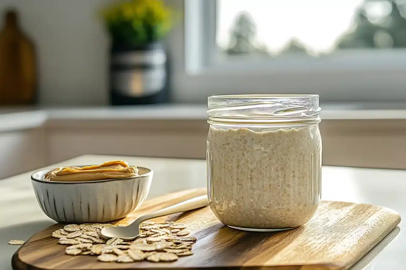 Blended cottage cheese overnight oats in a jar