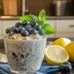 Blueberry lemon muffin overnight oats in a jar on rustic table