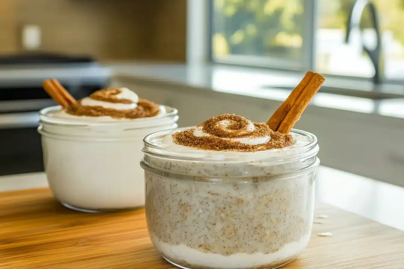 Cinnamon roll overnight oats in a jar