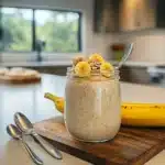 Served Cottage Cheese Banana Bread Overnight Oats with toppings