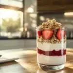Layered overnight oats in glass jar with fruit and granola