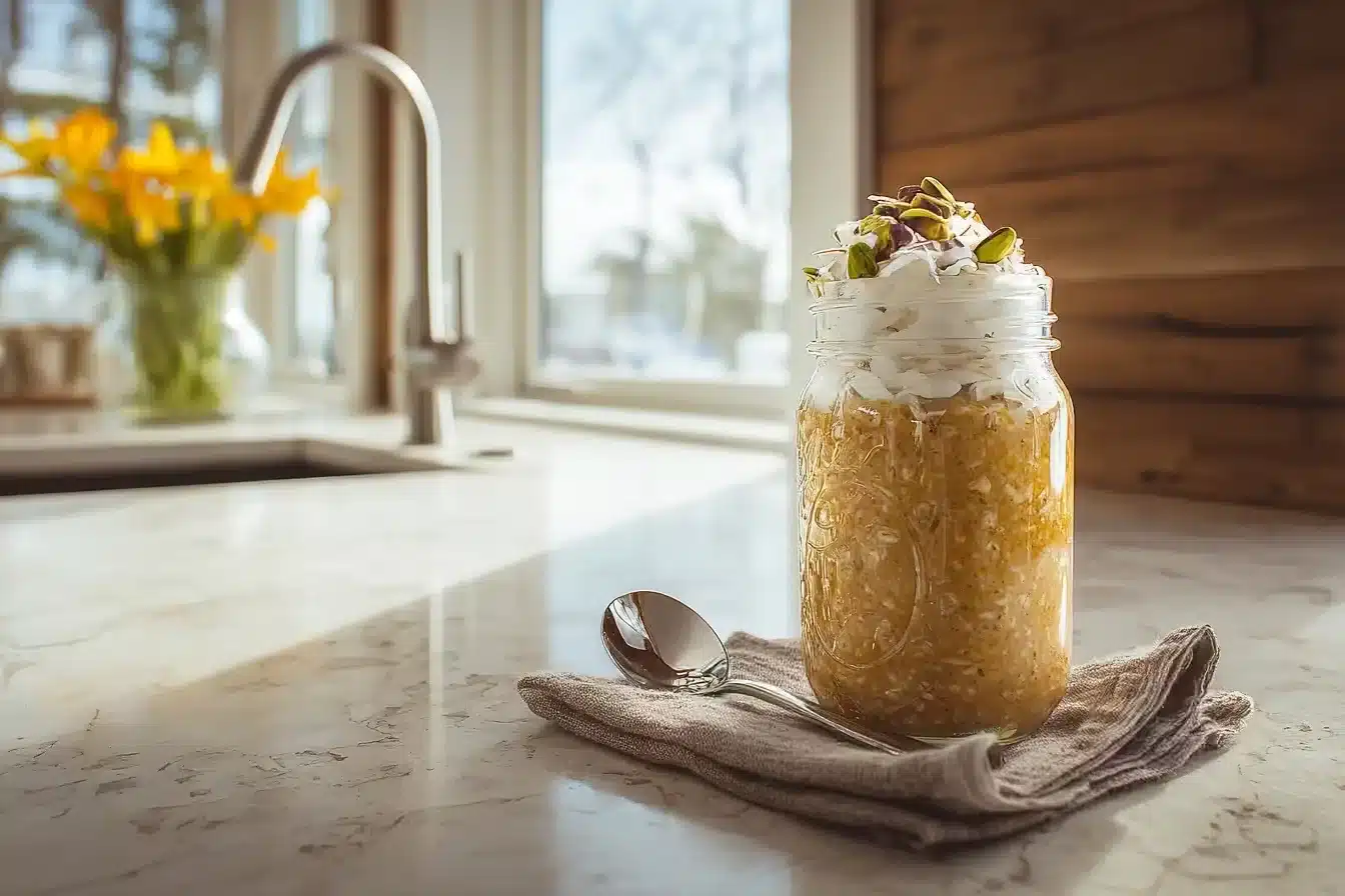 Ginger turmeric overnight oats in a rustic jar with toppings
