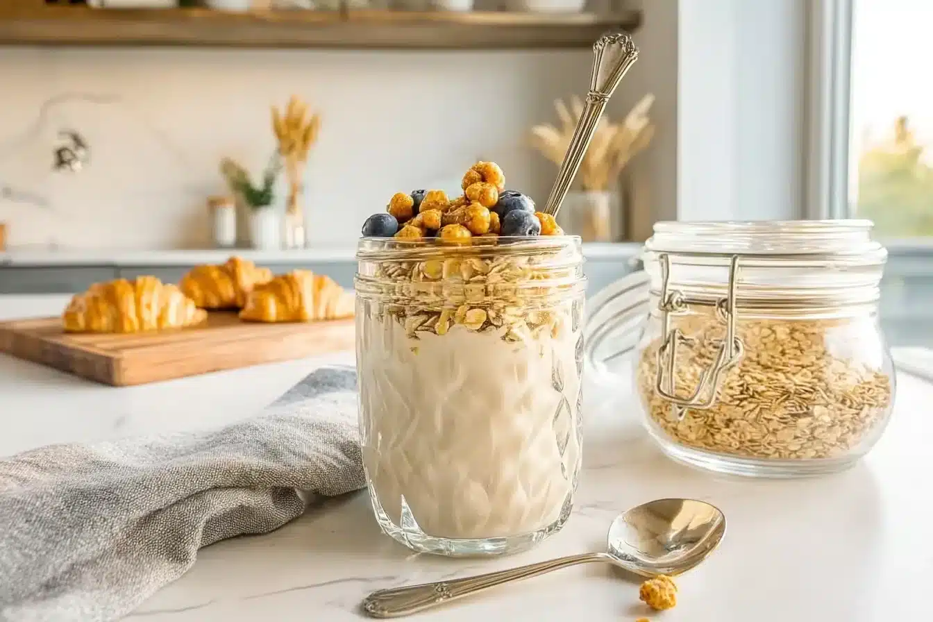high protein blended overnight oats​ in a jar