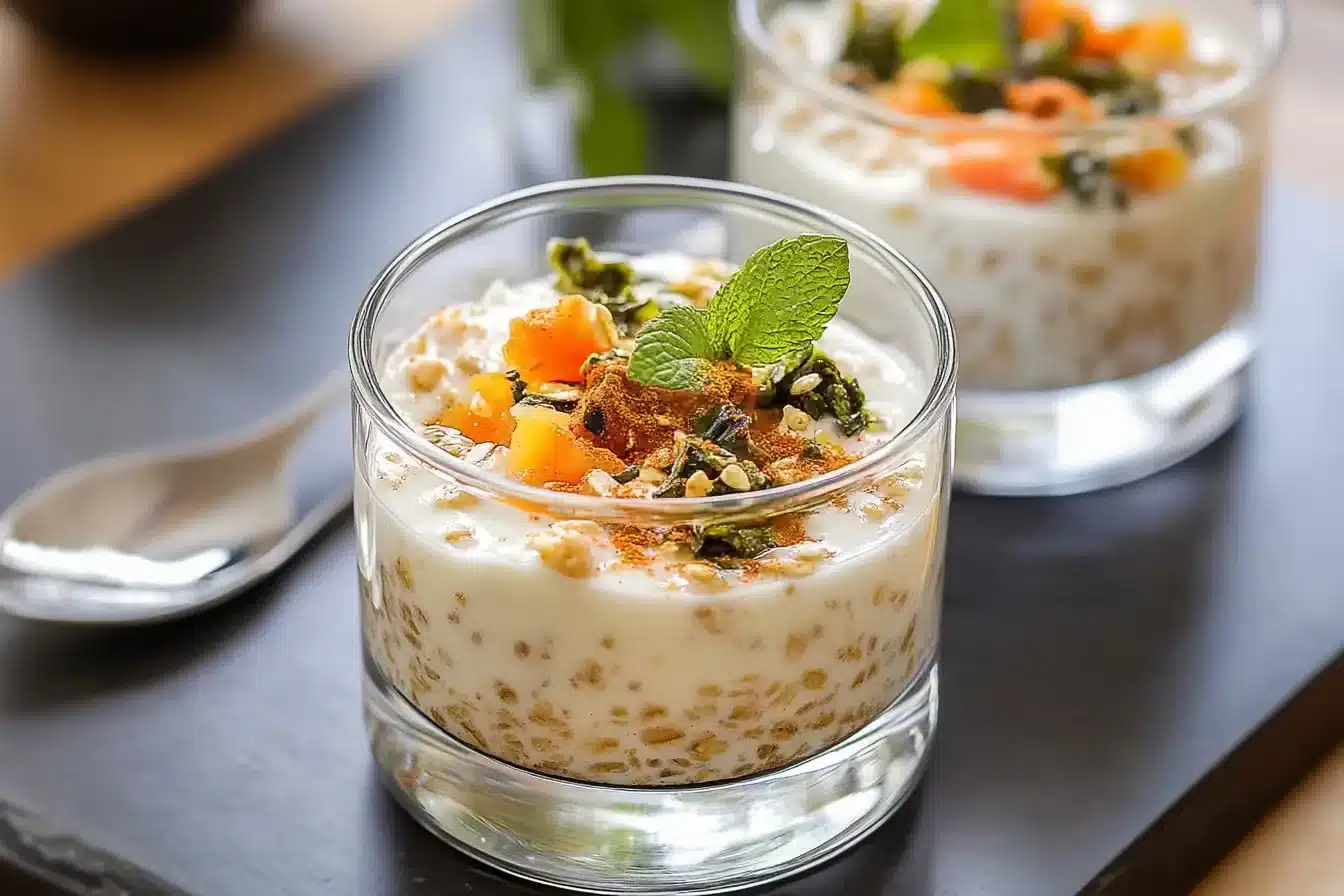 Indian spiced yogurt overnight oats in a glass jar with spiced oil topping