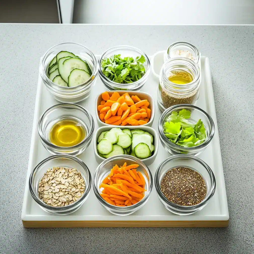Ingredients for Indian spiced yogurt overnight oats arranged flat