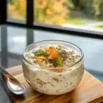 Serving Indian spiced yogurt overnight oats with crunchy toppings