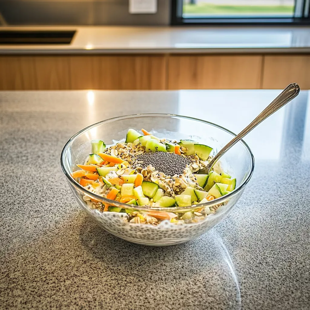 Mixing yogurt and veggies into overnight oats