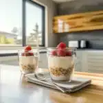 Layered overnight oats served with berries, yogurt, and granola in a glass jar