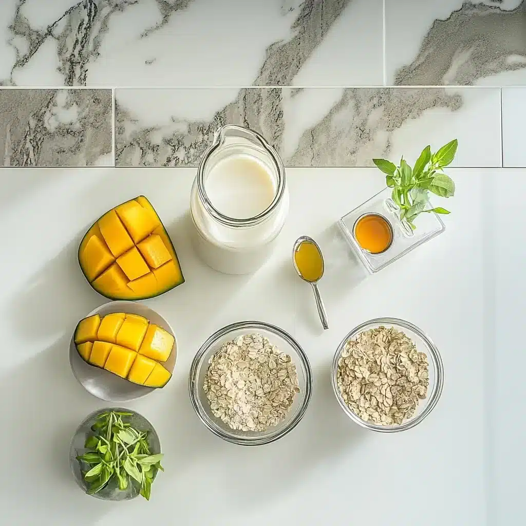 Ingredients for mango blended overnight oats laid out on table