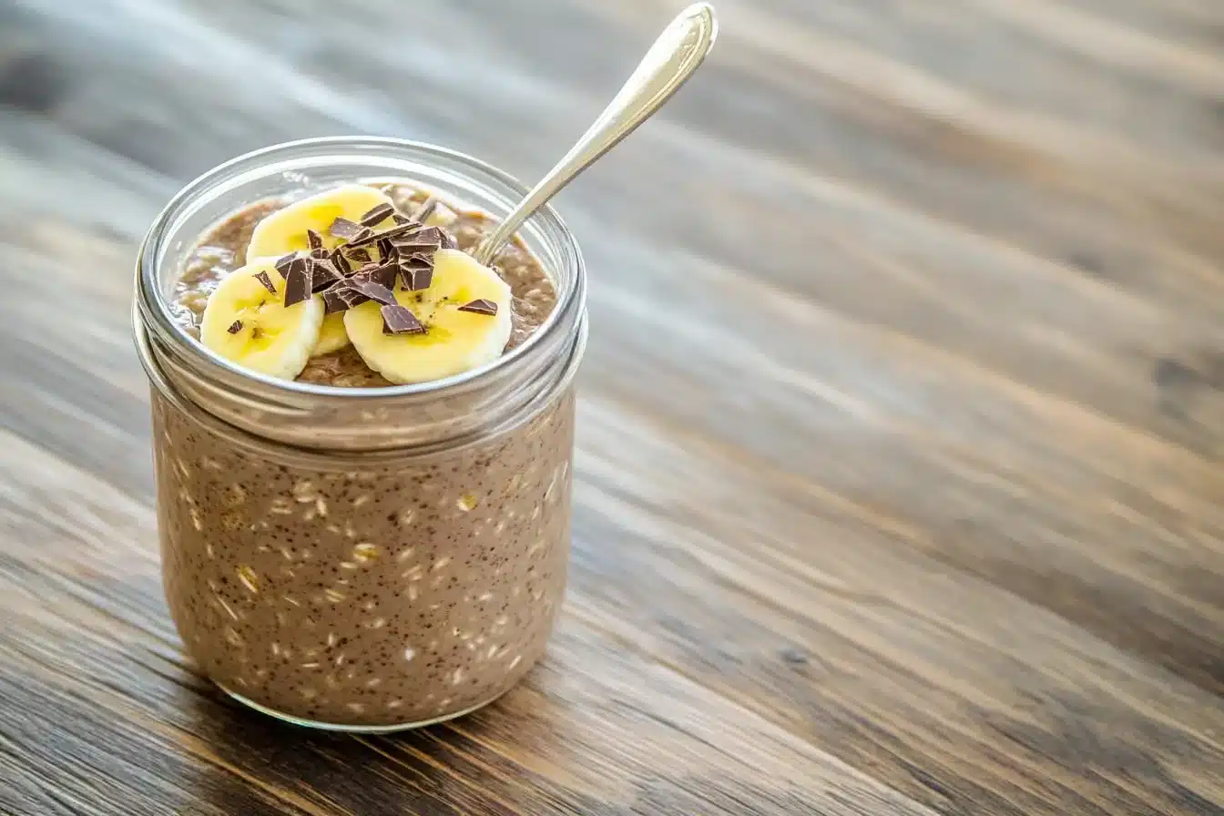 Mush chocolate overnight oats in a breakfast jar