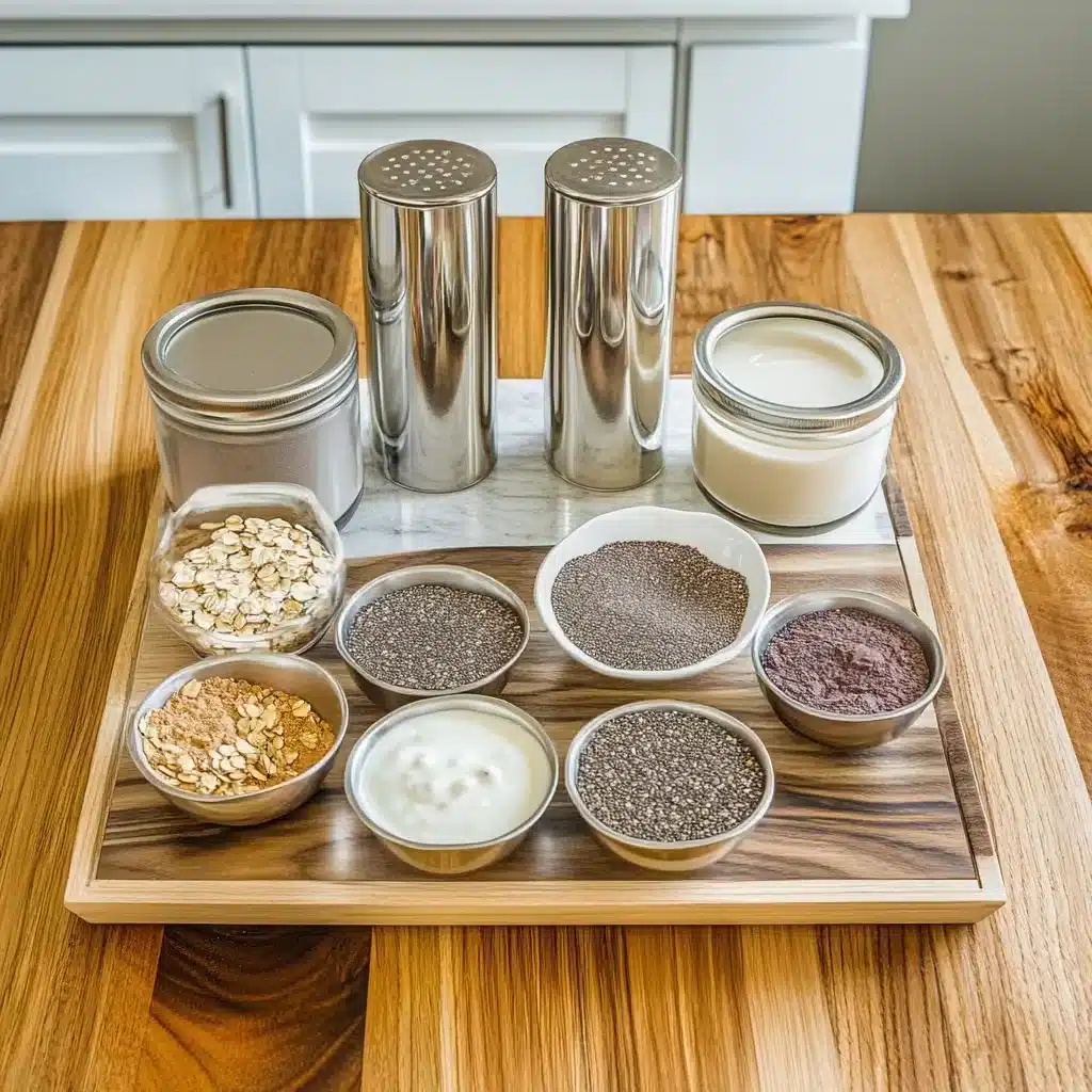 Ingredients for overnight oats protein chocolate laid out