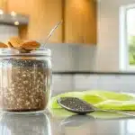 Overnight oats protein chocolate in a jar with chia and cocoa