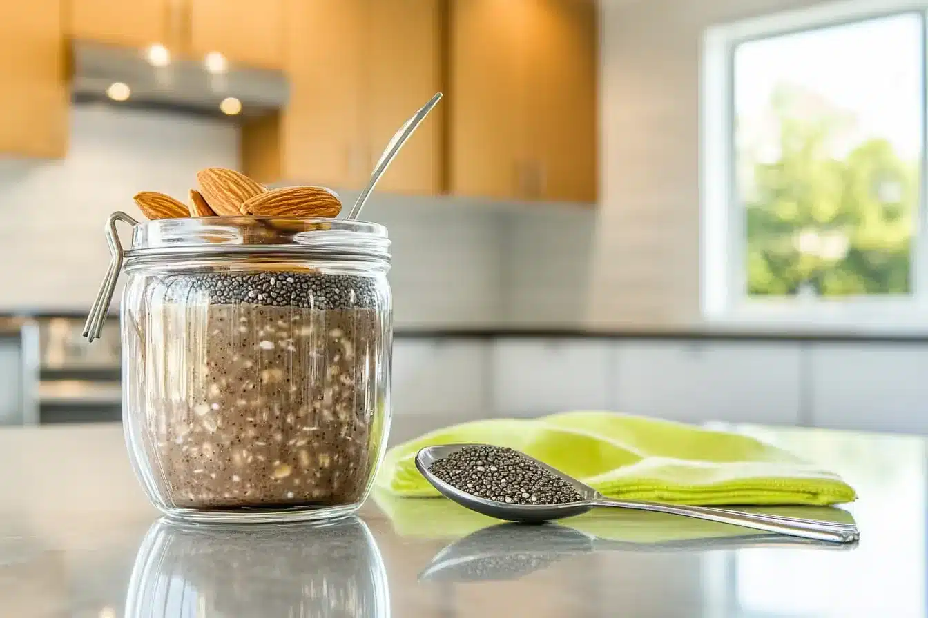 Overnight oats protein chocolate in a jar with chia and cocoa