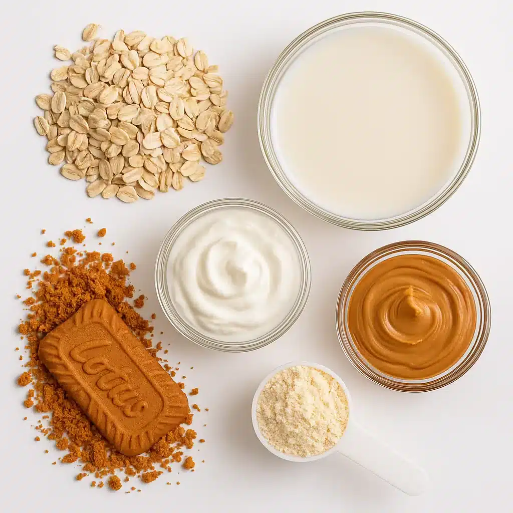 Ingredients for overnight oats with Biscoff laid out