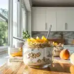 Peach Cobbler Overnight Oats in jar